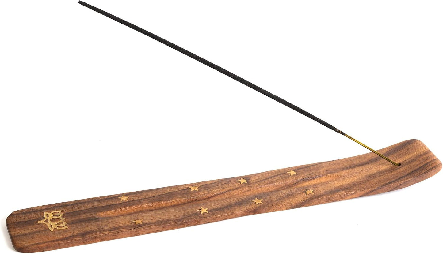 Wooden Incense Holder for Sticks with Inlays of Brass Crescent Moon 10 inches Long