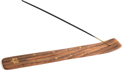 Wooden Incense Holder for Sticks with Inlays of Brass Crescent Moon 10 inches Long