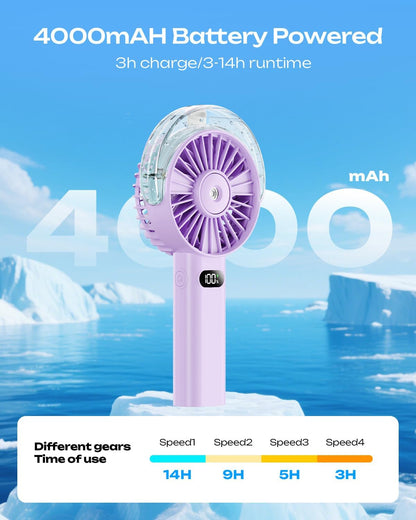 Otlonpe Handheld Misting Fan Portable, 4000mAh Rechargeable Battery Powered, Small Personal Mister Fan with Water Spray Cooling, 4-Speed Wind, LED Display, Hand Held Mist Fans for Travel Outdoor Beach