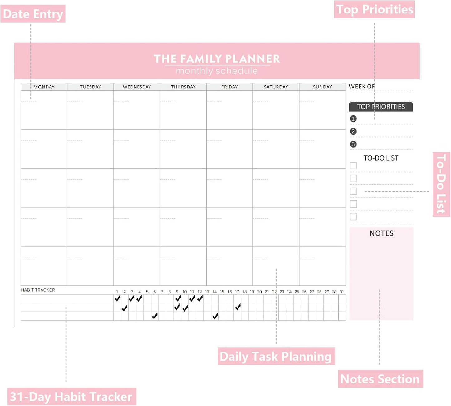 Monthly Planner Notepad - 52 Pages of Blank Calendar Sheets, Undated Planner for Organizing Tasks & Scheduling, Blank Calendar Design for Custom Monthly Planning, 7" x 10", Green