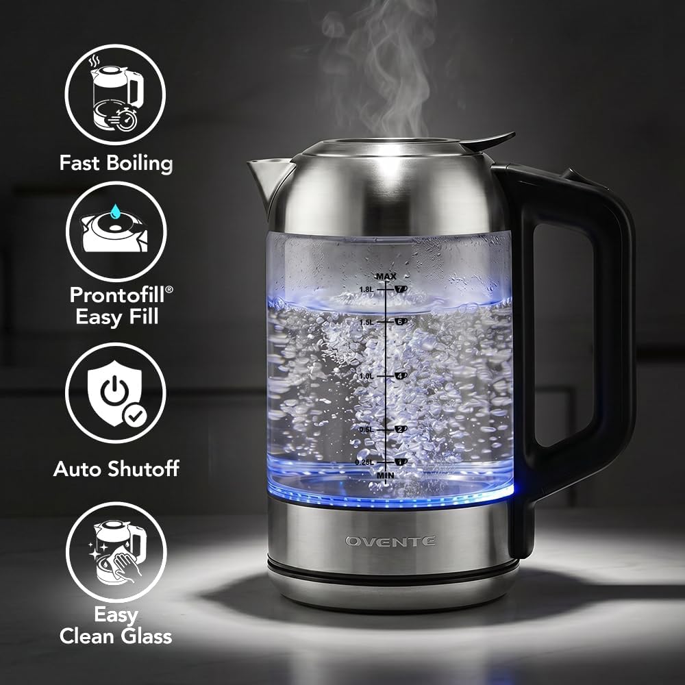 OVENTE 1.8L Glass Electric Kettle Water Boiler, Silver KG751S