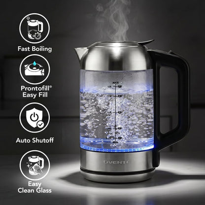 OVENTE 1.8L Glass Electric Kettle Water Boiler, Silver KG751S