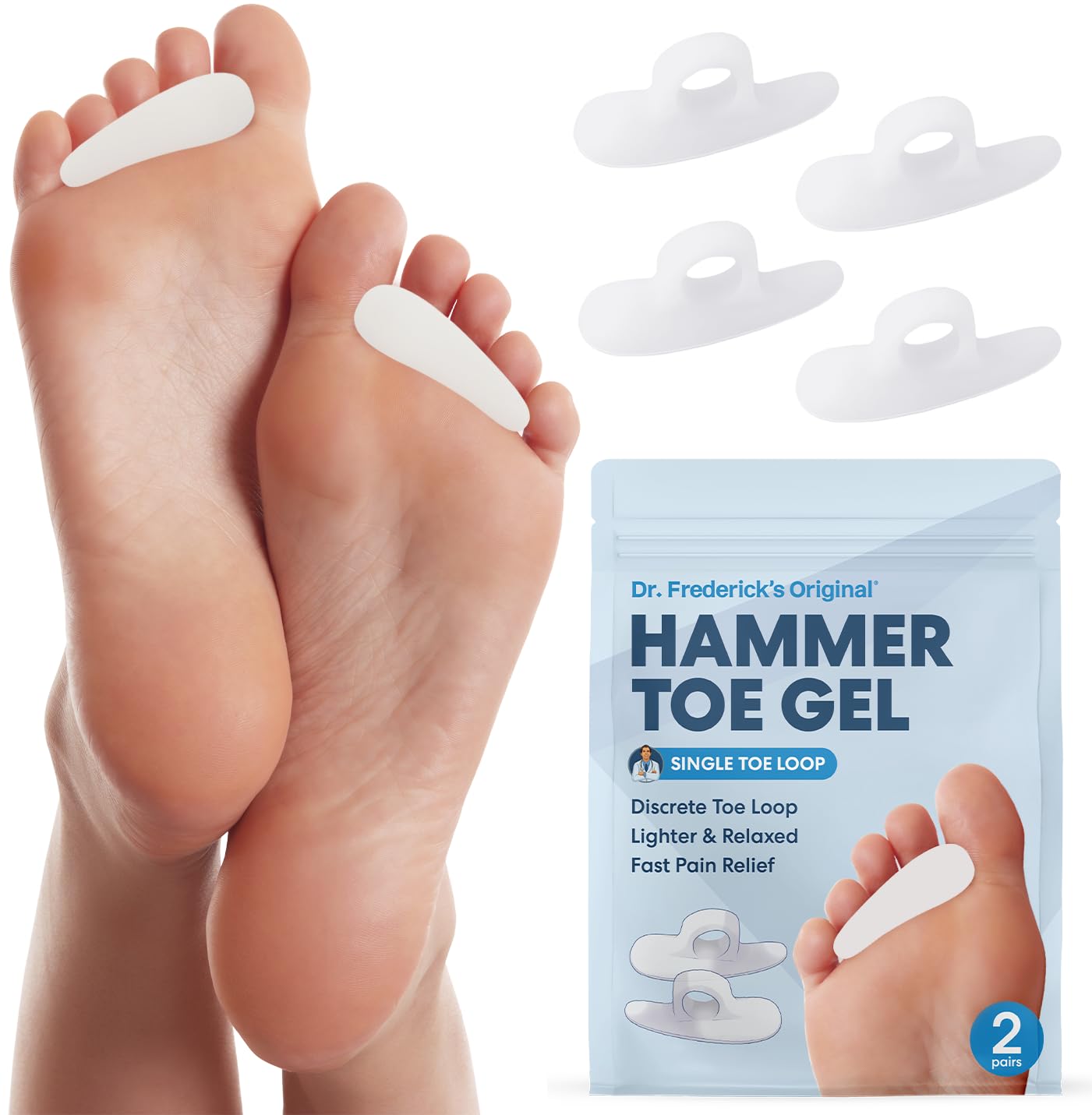 Dr. Frederick's Original Hammer Toe Corrector Gels - 2 Pairs - All-Day Relief for Crooked & Overlapping Toes - Soft Cushioning - Symptomatic Support for Toe Alignment - White - 3 Loop Design