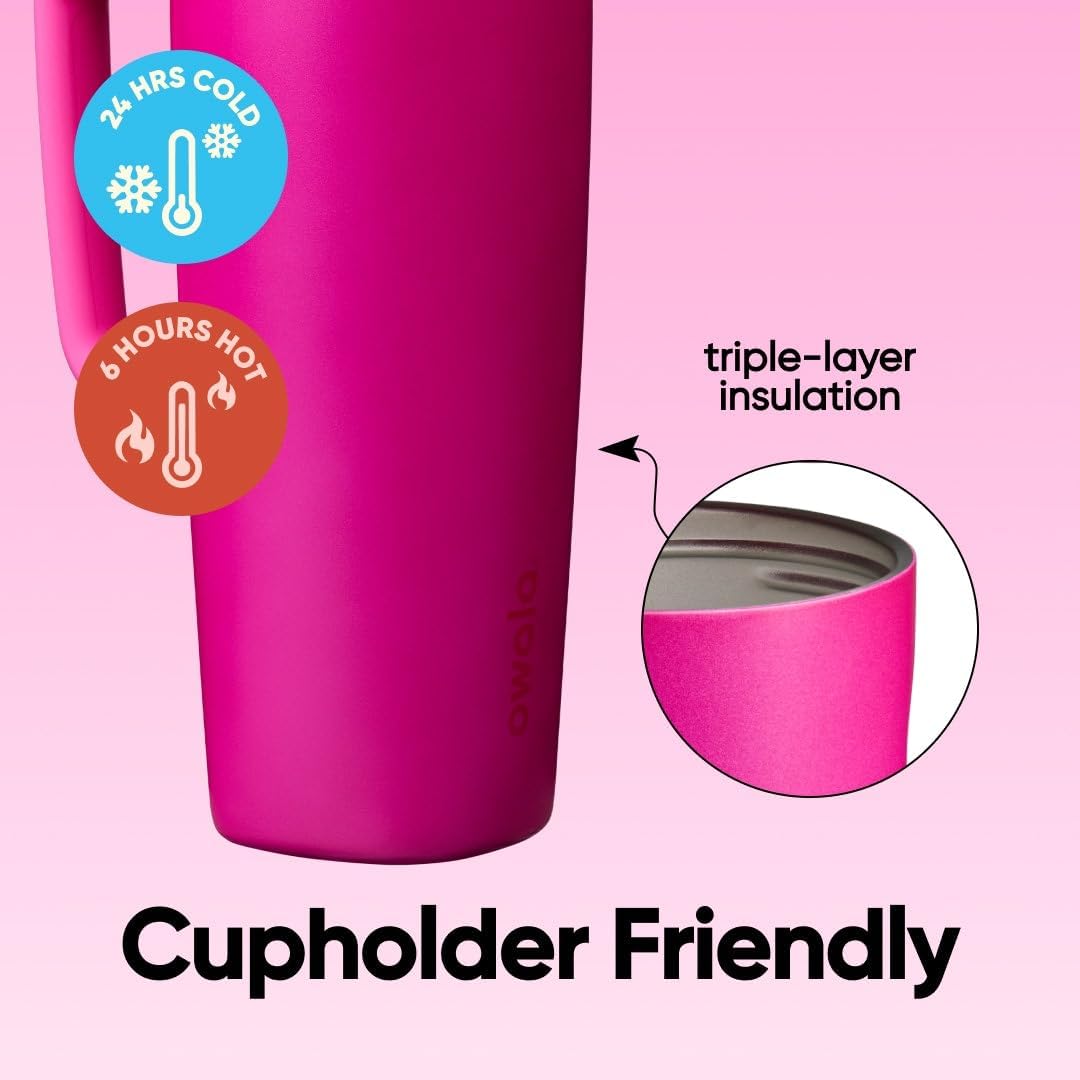 Owala SmoothSip Slider Insulated Stainless Steel Coffee Tumbler, Reusable Iced Coffee Cup, Hot Coffee Travel Mug, BPA Free 12 oz, Pink (Pucker Up)