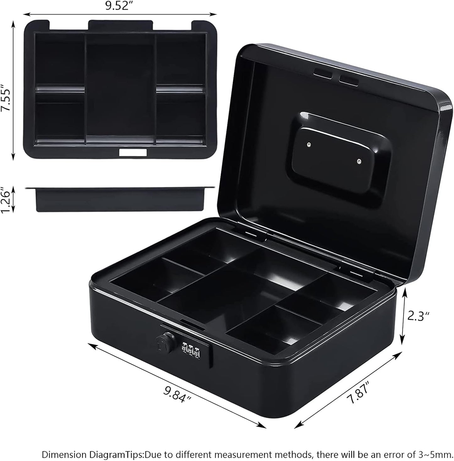 KYODOLED Cash Box with Combination Lock Safe Metal Money Box with Money Tray for Security Lock Box 7.87"x 6.30"x 3.35" Black