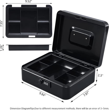 KYODOLED Cash Box with Combination Lock Safe Metal Money Box with Money Tray for Security Lock Box 7.87"x 6.30"x 3.35" Black