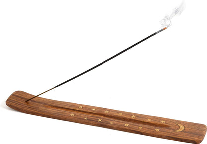 Wooden Incense Holder for Sticks with Inlays of Brass Crescent Moon 10 inches Long