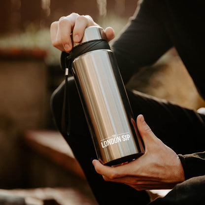 London Sip 25 oz Multi-Function Travel Mug and Tumbler Tea Infuser Water Bottle Fruit Infuser Flask Hot and Cold Double Wall Stainless Steel Coffee Thermos, Zen Black