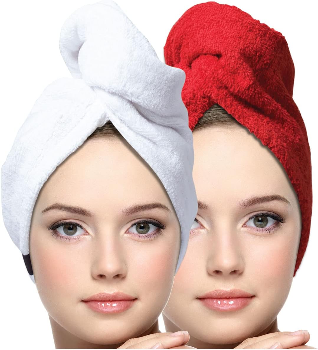 KEEPOZ 100% Cotton Hair Towel Wrap Quick Dry Super Absorbent Turban Head Wrap for Women with Button, Anti Frizz, Hair Cap for Curly, Long & Thick Hair (White, 1 Pc)