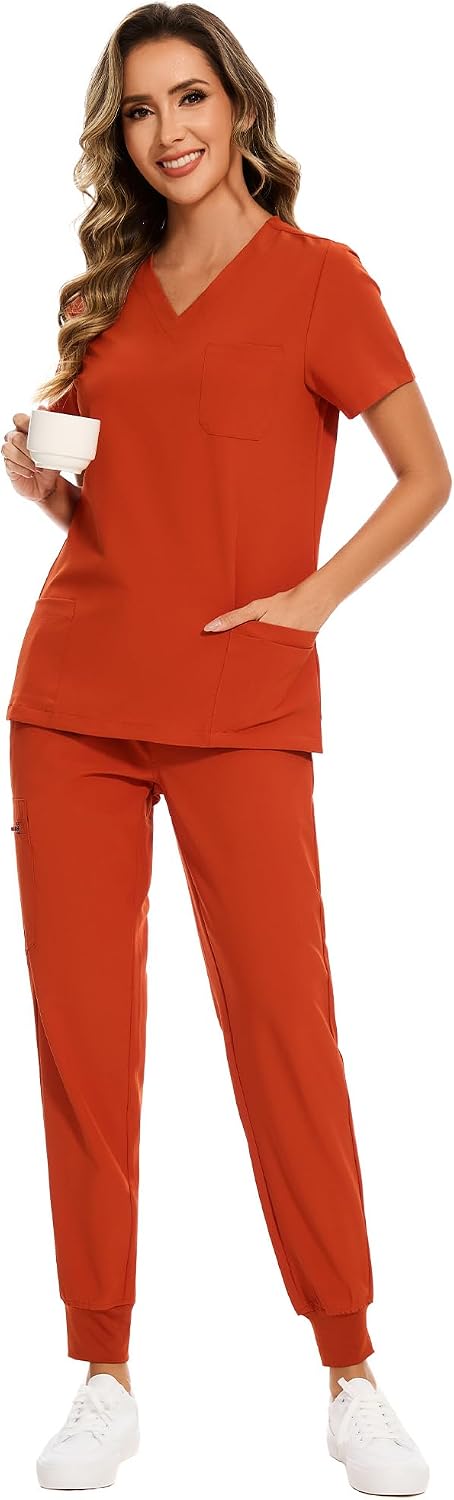 COZYFIT Scrubs for Women Set - Stretch V-Neck Scrub Top & Jogger Pant with 8 Pockets COZY SCRUBS - Colors C