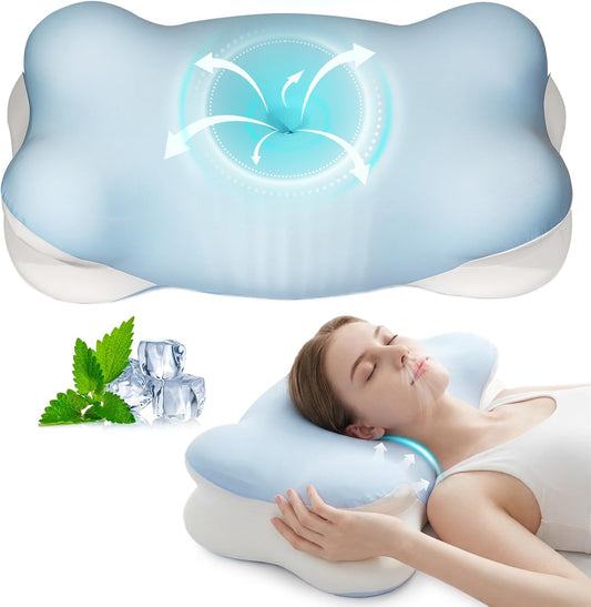Ergo Pillow for Sleep Apnea, Cervical Neck Pillow for Neck Pain & Snoring Relief, Ergonomic Cooling Memory Foam Contour Bed Pillow, Orthopedic Neck Support for Side Back Stomach Night Sleepers