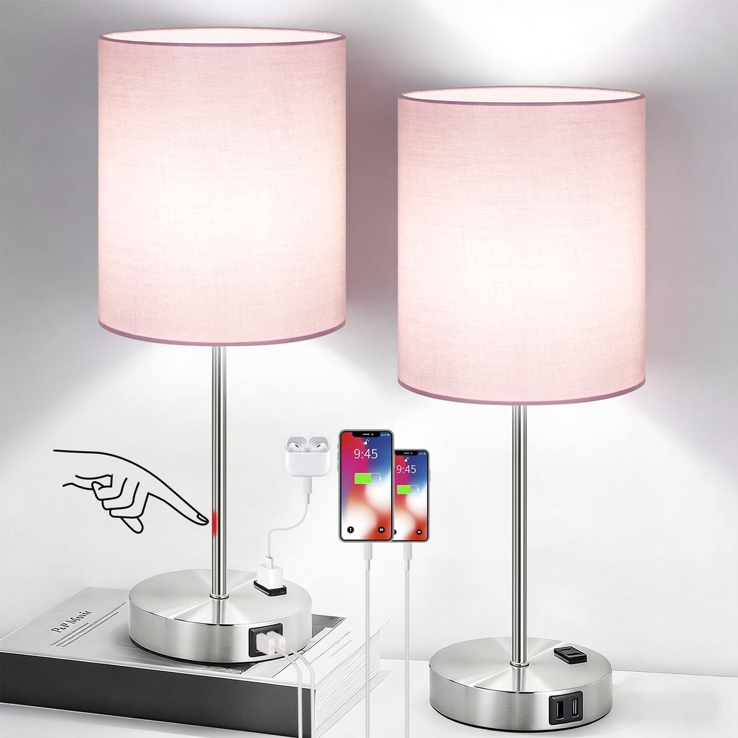 Set of 2 Touch Control Table Lamps with 2 USB & AC Outlet, 3-Way Dimmable Bedside Nightstand Lamps for Bedroom Living Room Nursery, 800 Lumens 5000K Daylight Bulbs Included