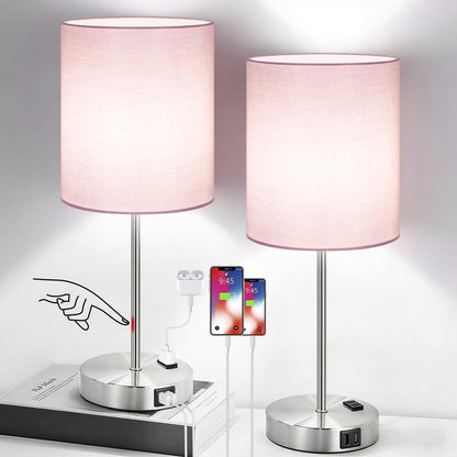 Set of 2 Touch Control Table Lamps with 2 USB & AC Outlet, 3-Way Dimmable Bedside Nightstand Lamps for Bedroom Living Room Nursery, 800 Lumens 5000K Daylight Bulbs Included