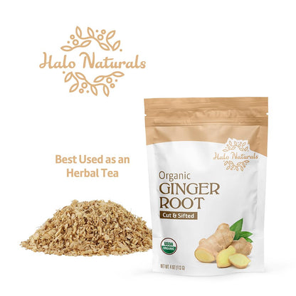 Halo Naturals Organic Ginger Root Cut & Sifted, 4 Ounces (Zingiber officinale) USDA Certified | Resealable Pouch| Packaged in The USA