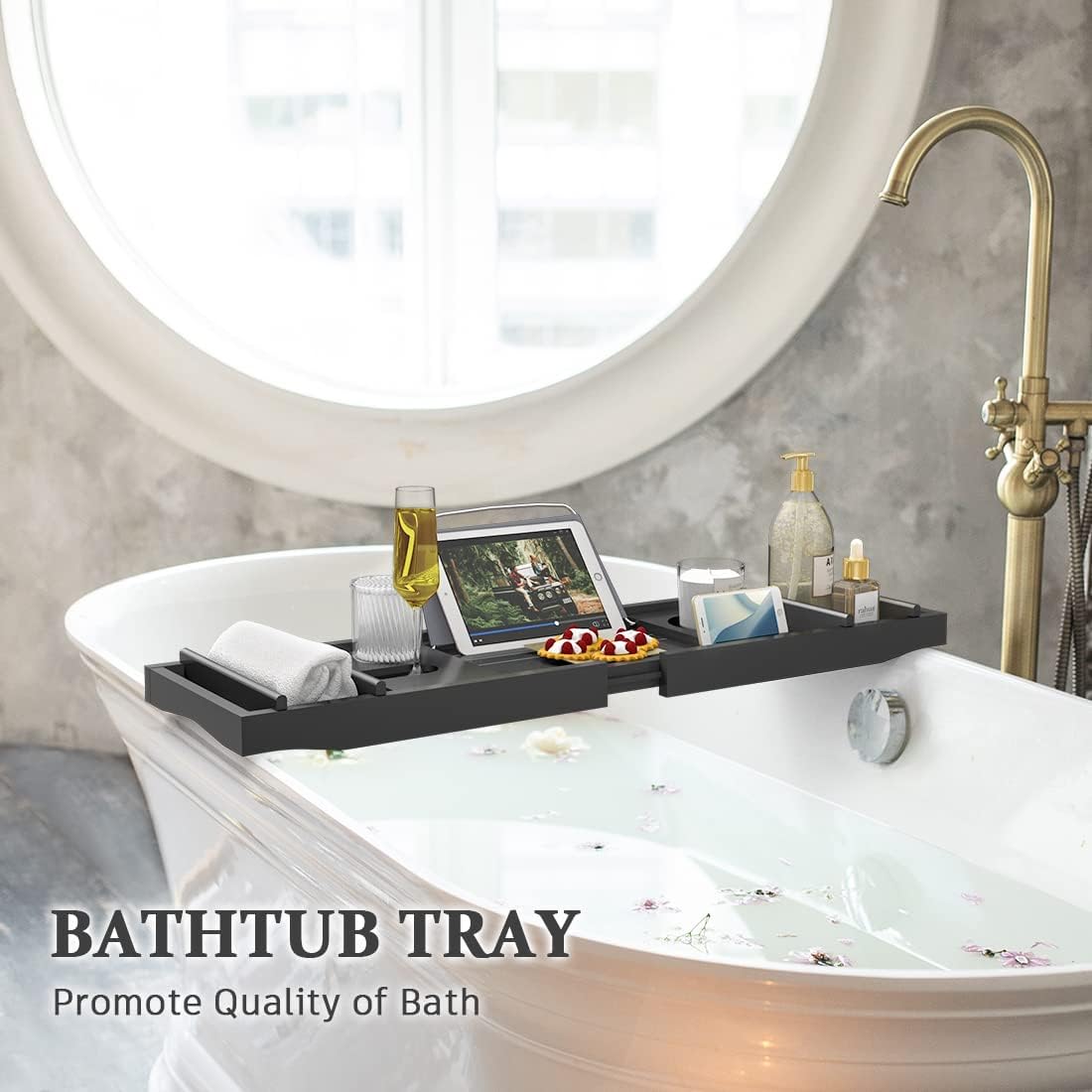 Bath Caddy Tray for Bathtub - Bamboo Adjustable Organizer Tray for Bathroom with Free Soap Dish Suitable for Luxury Spa or Reading