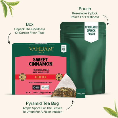 VAHDAM Sweet Cinnamon Chai Tea Bags (100 Count) Masala Chai Pyramid TeaBags