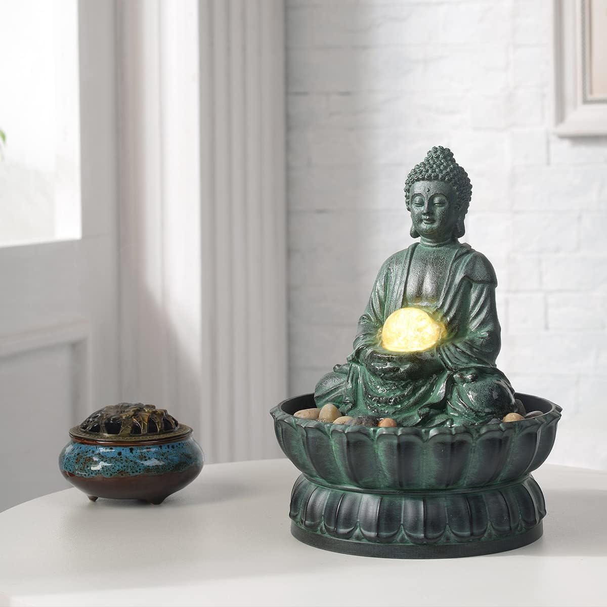 Cascading Indoor Tabletop Water Fountains with LED Light - Rockery Waterfall Fountain - Quiet and Relaxing Water Sound - Small 9.7 Inch Desktop Size - Home/Office Decor