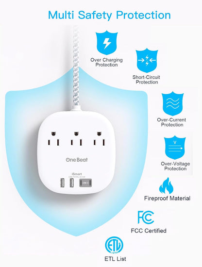 Travel Essentials, 22.5W/4.5A Flat Plug Power Strip, 6 Ft Extension Cord