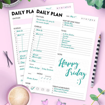 Daily Planner Notepad - A5 Calendar, Scheduler, Organizer with Priority, To Do List, Appointments, Notes, Meals and Water Intake Tracker, 50 Undated Tear-Off Sheets Planning Pad, 5.8"x8.25"