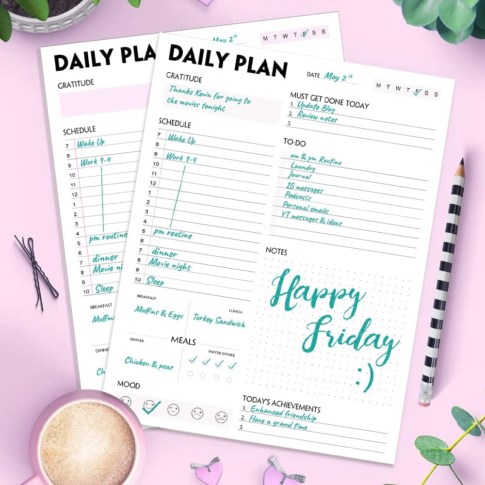 Daily Planner Notepad - A5 Calendar, Scheduler, Organizer with Priority, To Do List, Appointments, Notes, Meals and Water Intake Tracker, 50 Undated Tear-Off Sheets Planning Pad, 5.8"x8.25"