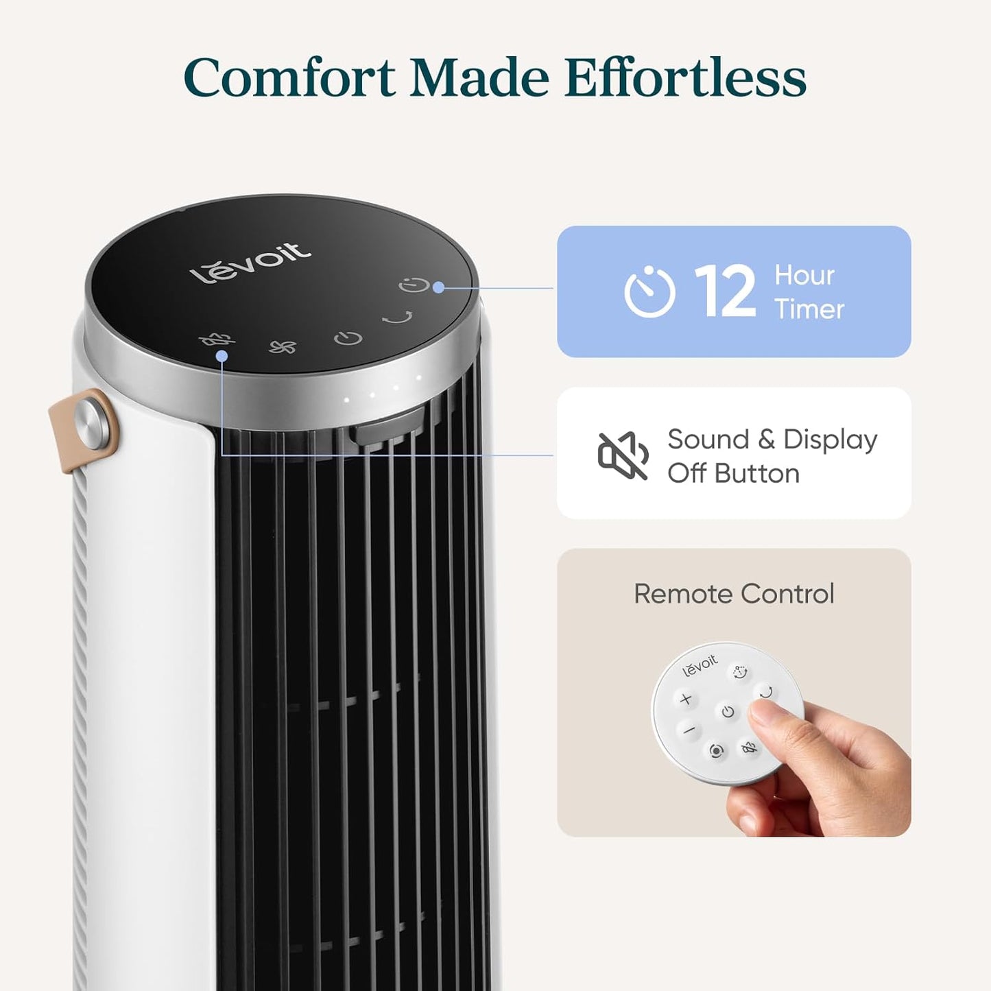 LEVOIT Tower Fan for Bedroom, 20dB Quiet Desk Fan with 23ft/s, Portable & Easy to Carry, 3-Angle & 5-Speed Mini Oscillating Fan, DC Motor, Bladeless, Remoter, 12H Timer, for Home, Room, Office, White