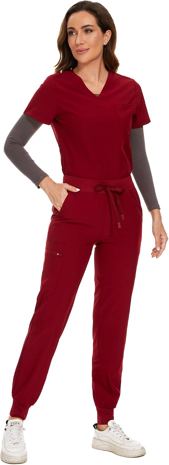 COZYFIT Scrubs for Women Set - Stretch V-Neck Scrub Top & Jogger Pant with 8 Pockets COZY SCRUBS - Colors C