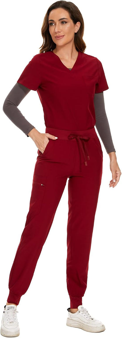 COZYFIT Scrubs for Women Set - Stretch V-Neck Scrub Top & Jogger Pant with 8 Pockets COZY SCRUBS - Colors C