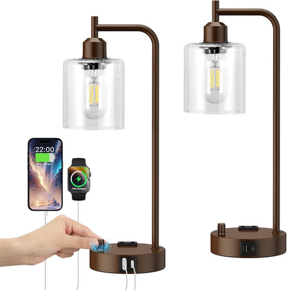 Industrial Table Lamps for Bedrooms Set of 2 - Fully Dimmable Bedside Lamps with USB A and C Ports and Outlet, Black Nightstand Lamps with Glass Shade for Living Room, Desk Lamps for Office Reading
