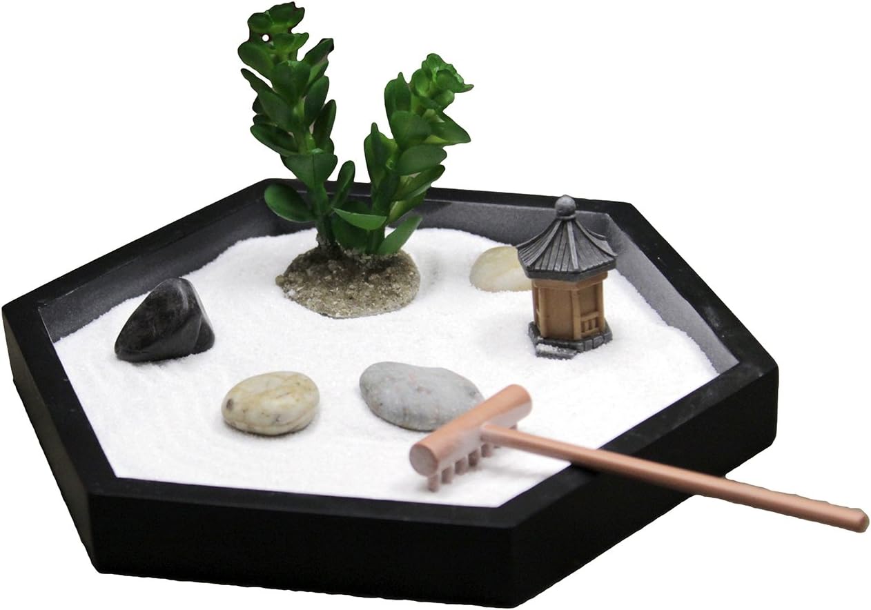 Nature's Mark Mini Zen Garden Kit for Desk with Rake, White Sand, Miniature Pagoda Figure, Black Hexagon Base, River Rocks, Miniature Succulent