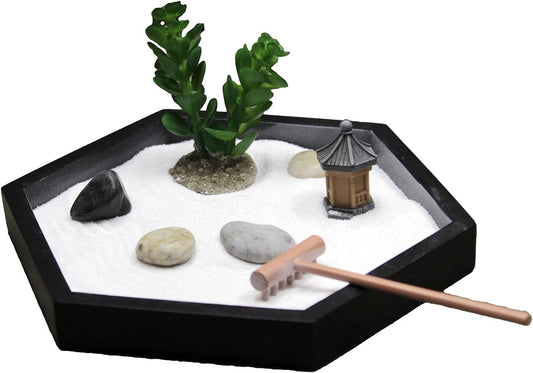 Nature's Mark Mini Zen Garden Kit for Desk with Rake, White Sand, Miniature Pagoda Figure, Black Hexagon Base, River Rocks, Miniature Succulent