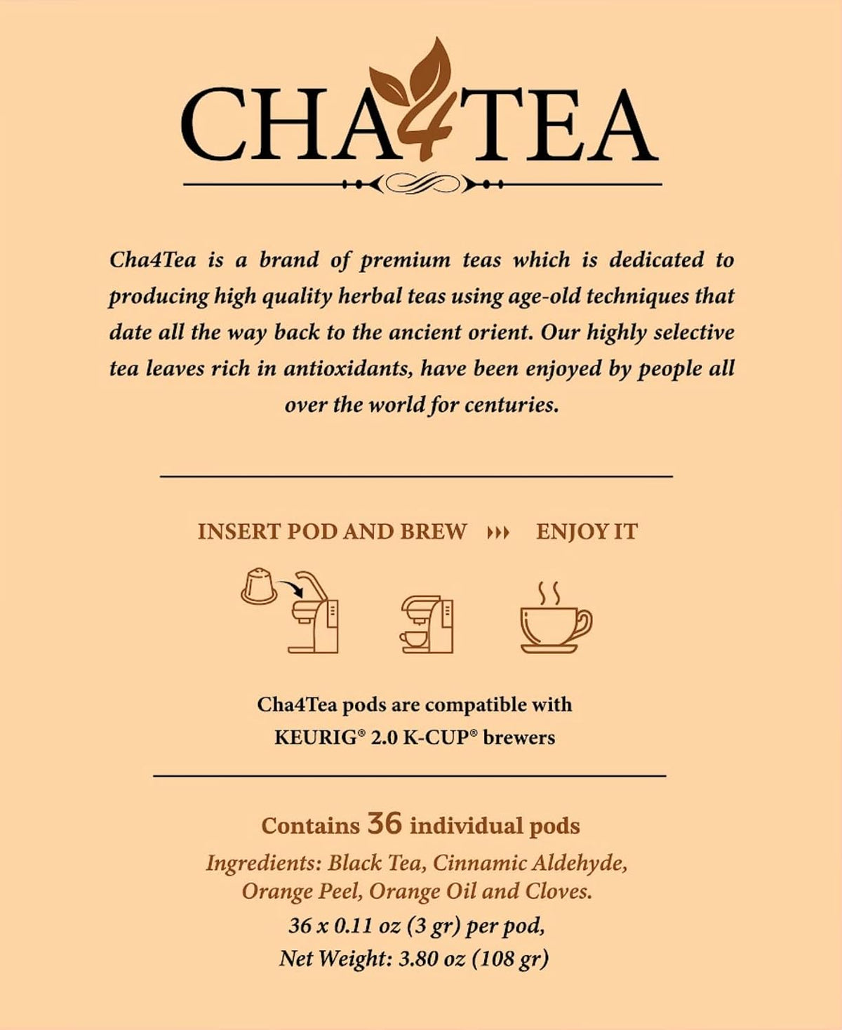 Cha4TEA 36-Count Cinnamon Orange Spice Black Tea Pod Compatible with Keurig