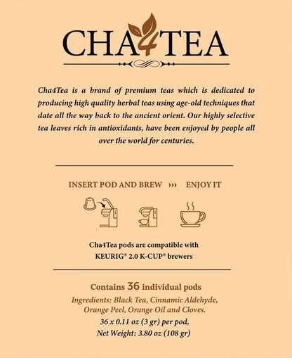 Cha4TEA 36-Count Cinnamon Orange Spice Black Tea Pod Compatible with Keurig