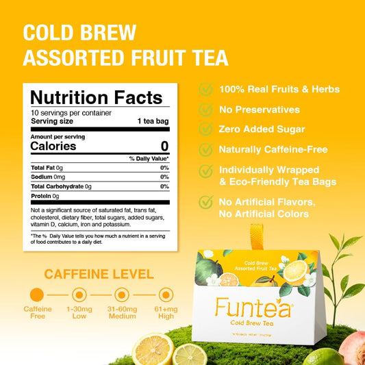 FUNTEA Cold Brew Fruit Tea Sampler, Caffeine-Free Unsweetened Fruit Herbal Blends, 5 Flavors Variety Pack, Individually Wrapped Tea Bags, Fruity Iced Tea, 10 Count (Pack of 1)