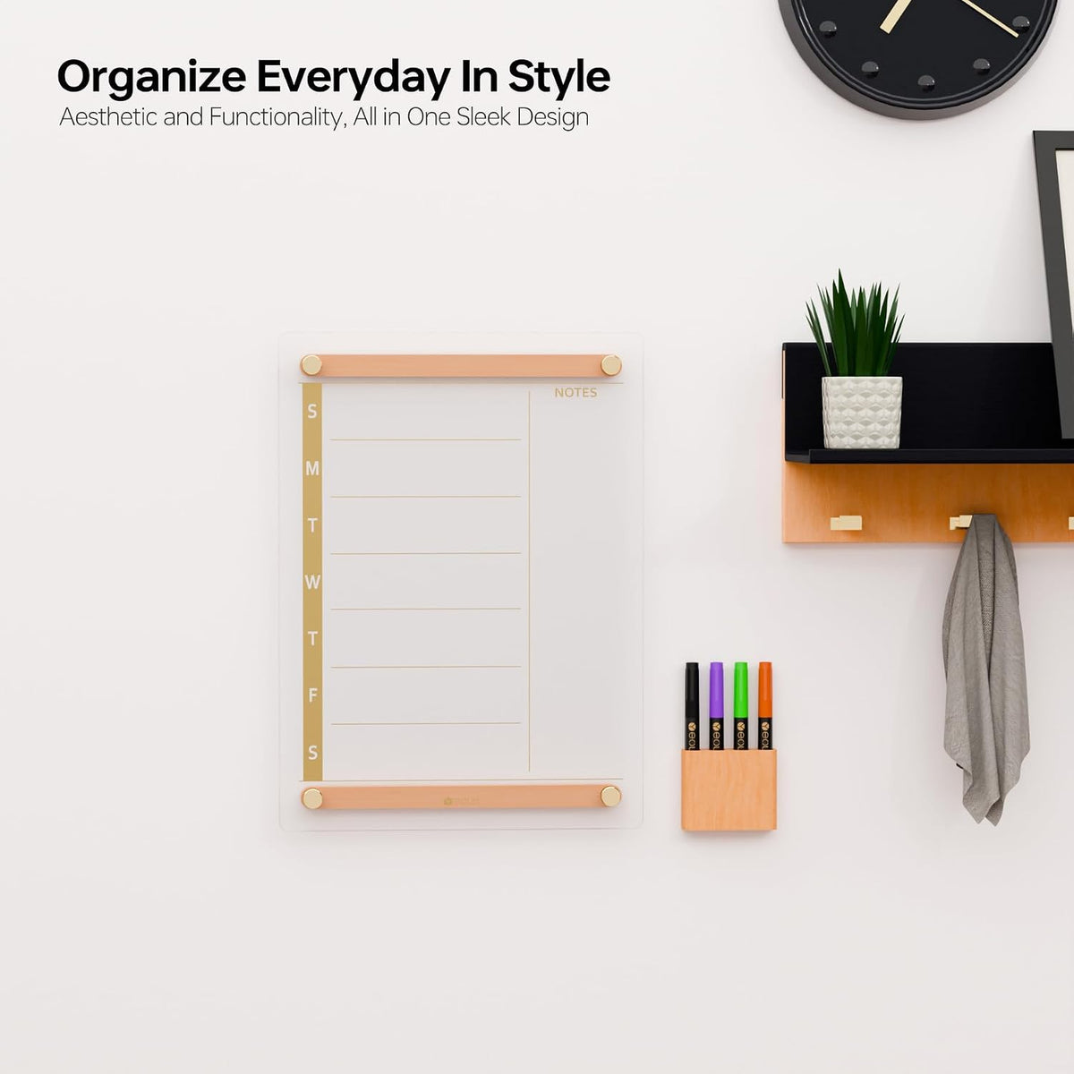 Yeoux Black Glass Golden Weekly & Menu Dry Erase Calendar Board 15“x11