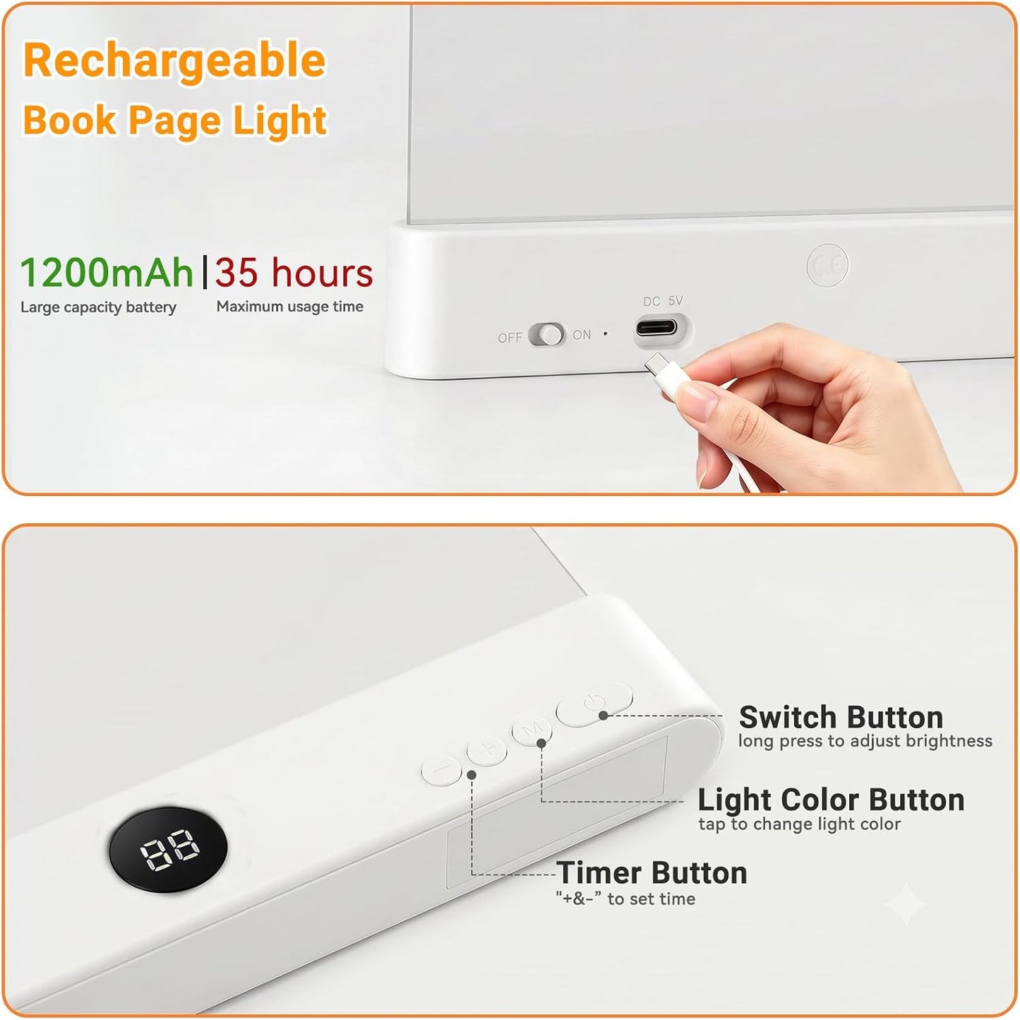 Book Light, Rechargeable Clear LED Flat Reading Light with 3 Colors & Timer, Dimmable Panel Plate Lamp Book Full Page Light for Reading in Bed at Night, Funny Gifts for Readers Kids Women Men (White)