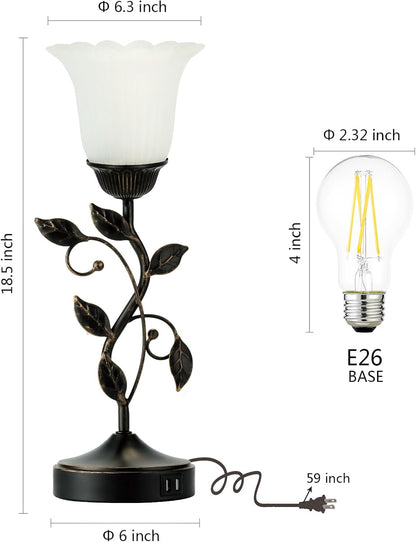 Touch Control Table Lamp with 2 USB Charging Ports, 3-Way Dimmable Bedside Nightstand Lamps, Amber Glass Shade Vintage Rural Leaf Lamp for Living Room, Bedroom, Dresser, LED Bulb Included (Bronze)