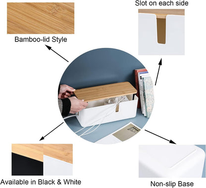 Changsuo Small Cable Management Box with Bamboo Lid for Extension Cord Power Stripe Surge Protector Wire Concealer Organizer Cover Hider (White)