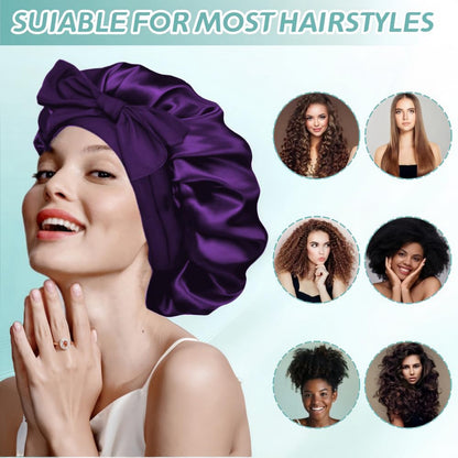 VECIIR Silk Bonnet for Sleeping Women, Ajustable Hair Bonnet for Curly Hairs Satin Bonnet Reduce Friction Prevent Frizz Black，Large