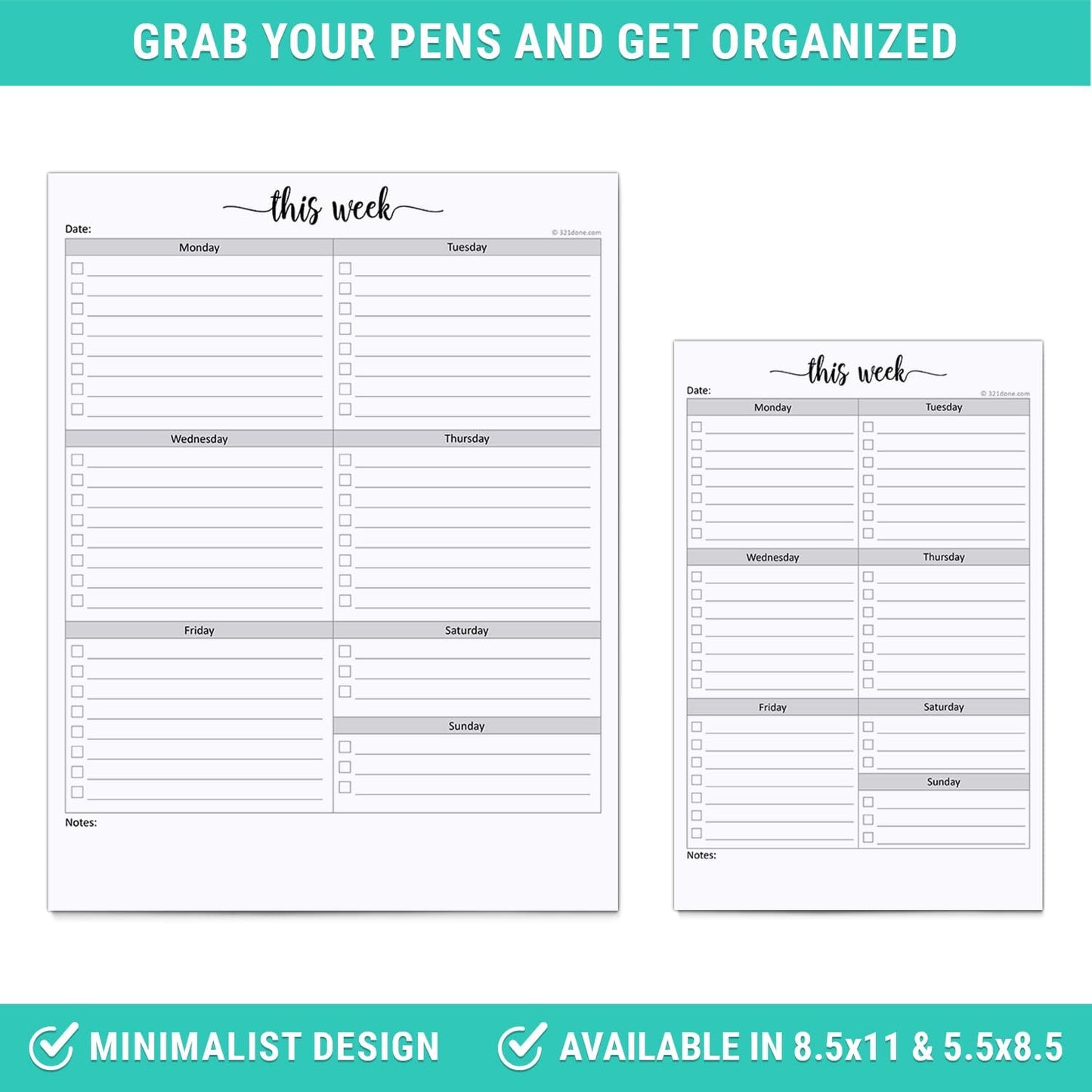 321Done Weekly Checklist Notepad, 5.5x8.5 Size Pad - 50 Tear-Off Sheets, Undated Monday-Sunday Schedule, Daily Task Planner for Home, Office & Student Use - Made in USA