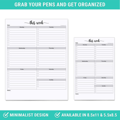 321Done Weekly Checklist Notepad, 5.5x8.5 Size Pad - 50 Tear-Off Sheets, Undated Monday-Sunday Schedule, Daily Task Planner for Home, Office & Student Use - Made in USA