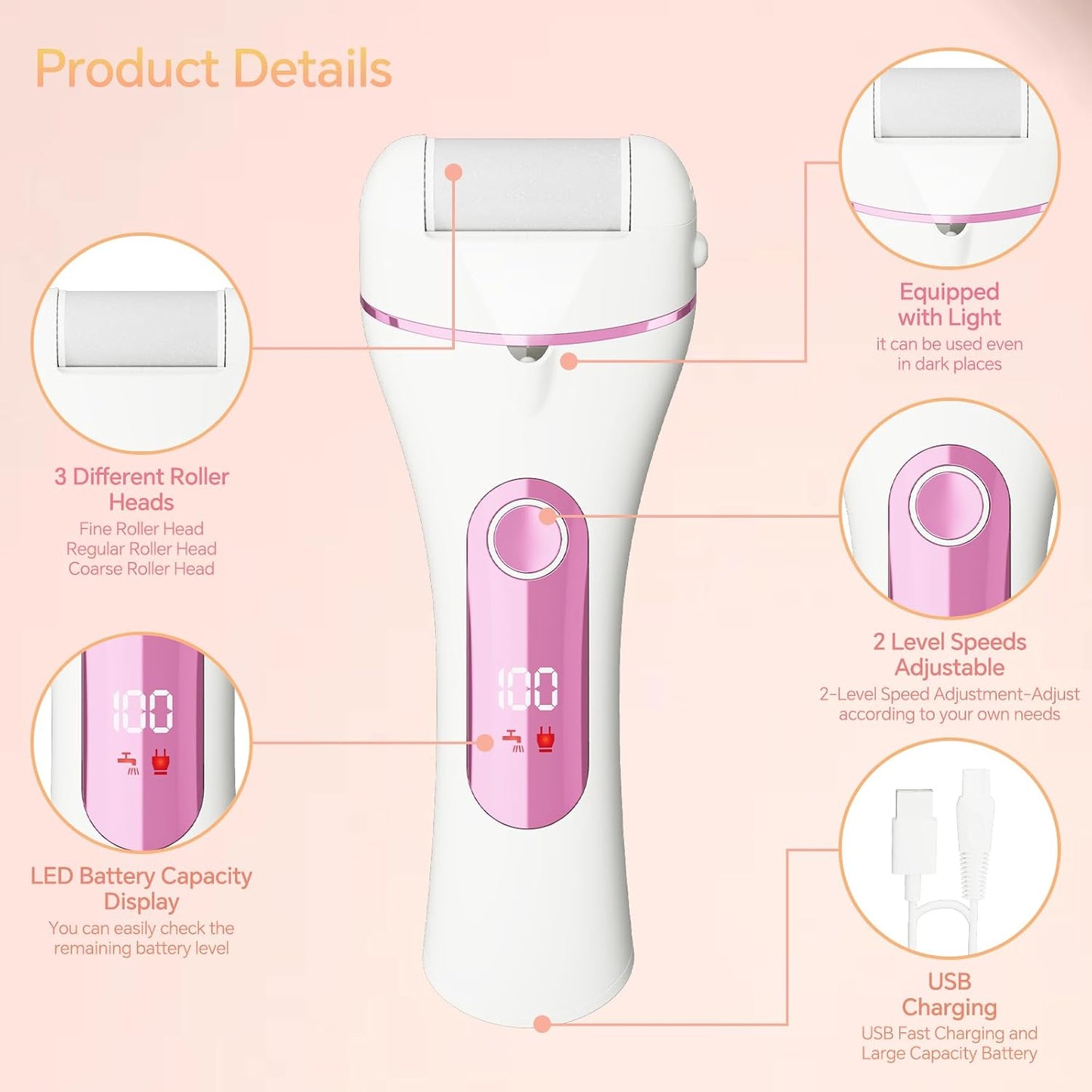 Electric Foot Callus Remover Rechargeable - 12 in 1 Pedicure Kit with 3 Rollers, Portable Foot File Scrubber for Dead Skin Removal, Waterproof & Painless, Home Foot Care Tool (5680-pink)