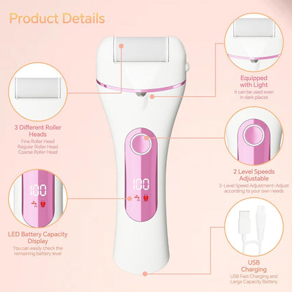 Electric Foot Callus Remover Rechargeable - 12 in 1 Pedicure Kit with 3 Rollers, Portable Foot File Scrubber for Dead Skin Removal, Waterproof & Painless, Home Foot Care Tool (5680-pink)