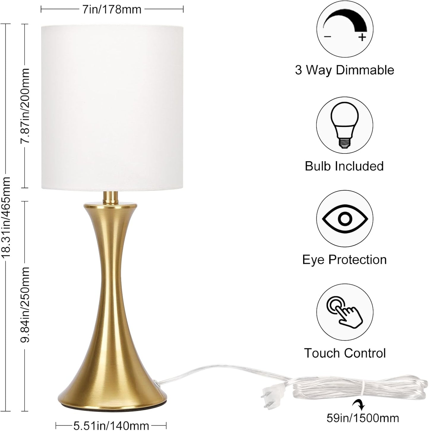 3 Way Touch Control Table Lamp, Dimmable Bedside Desk Lamp with Metal Base Modern Nightstand Lamp Stylish Grey Shade Simple Side Table Lamp for Bedroom, Living Room, Office or Den LED Bulb Included