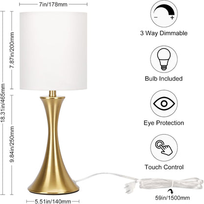 3 Way Touch Control Table Lamp, Dimmable Bedside Desk Lamp with Metal Base Modern Nightstand Lamp Stylish Grey Shade Simple Side Table Lamp for Bedroom, Living Room, Office or Den LED Bulb Included