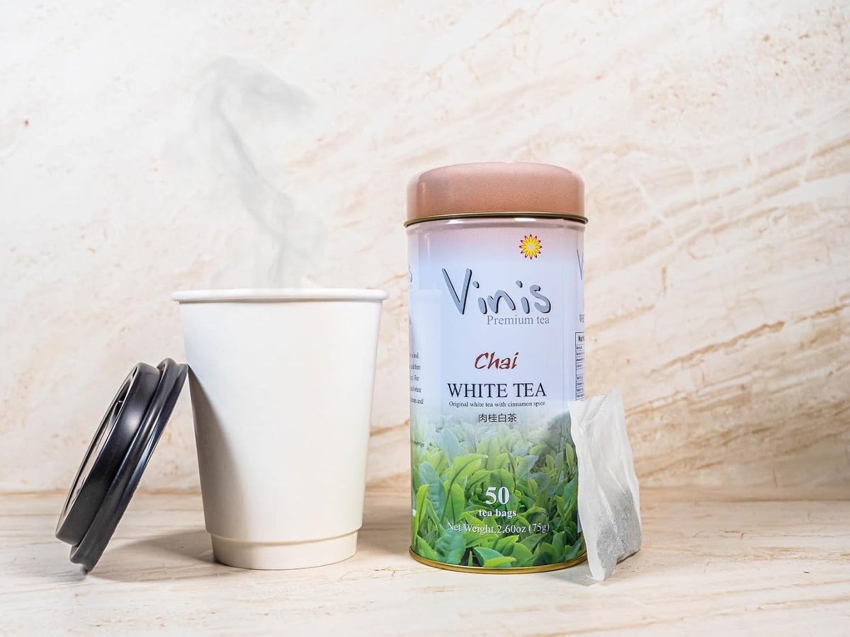 Vinis Premium Chai White Tea Tea Box of 6 Tins (50 tea bags per Tin) (Chai White Tea)