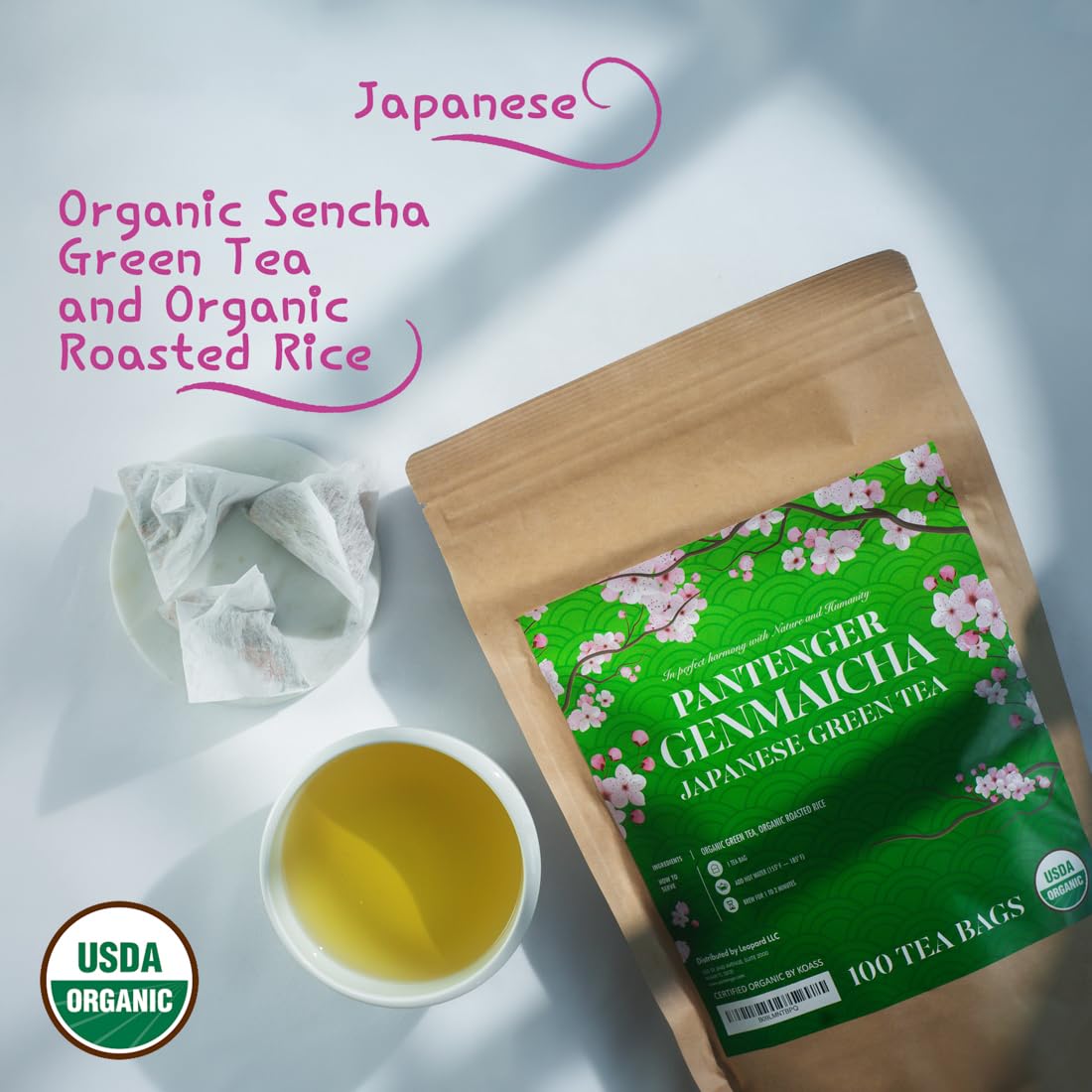 Organic Japanese Genmaicha | 100 Tea Bags | Organic Japanese Green Tea + Roasted Brown Rice | by Pantenger.