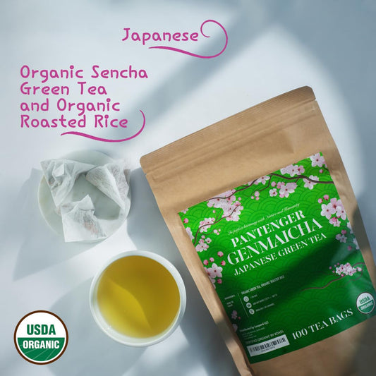 Organic Japanese Genmaicha | 100 Tea Bags | Organic Japanese Green Tea + Roasted Brown Rice | by Pantenger.