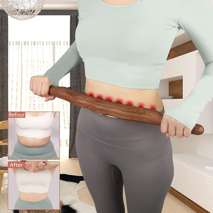 Wood Therapy Guasha Wood Stick Massage Tools, Lymphatic Drainage Massage Stick, Stomach Cellulite Massager, Myofascial Release Tool, Ease Pain Self Body Sculpting, Mountable Handle Double Row 20 Beads