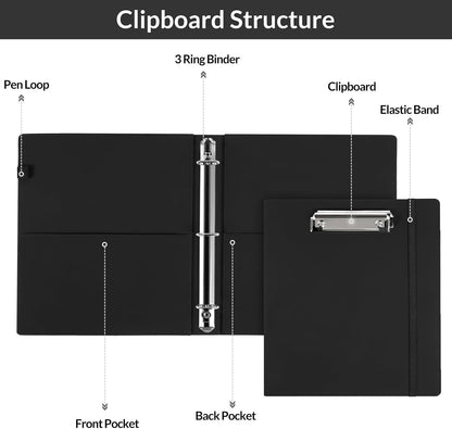 SKYDUE 3 Ring Binder with Clipboard, 13.2" × 10.2" Faux Leather 1 Inch Binder Organizer with 5 Pocket Dividers, Notepad, Labels & 2 Storage Pockets for Teachers, Students, Nurses & Office Work