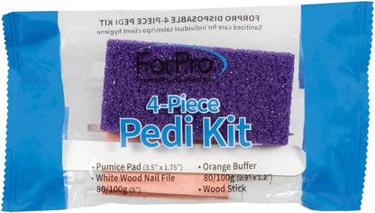 ForPro 4-Piece Pedi Kit, 100-Count, Individually-Packed Pedicure Set, Purple Pumice Pad, White Wood Nail File 80/100 Grit, Orange Mini Buffer 80/100 Grit, Wood Stick